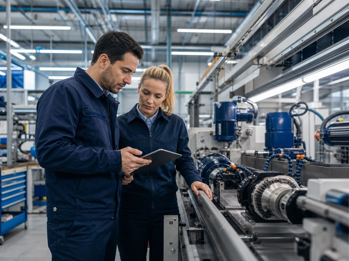 Professionals reviewing manufacturing activity during a factory visit